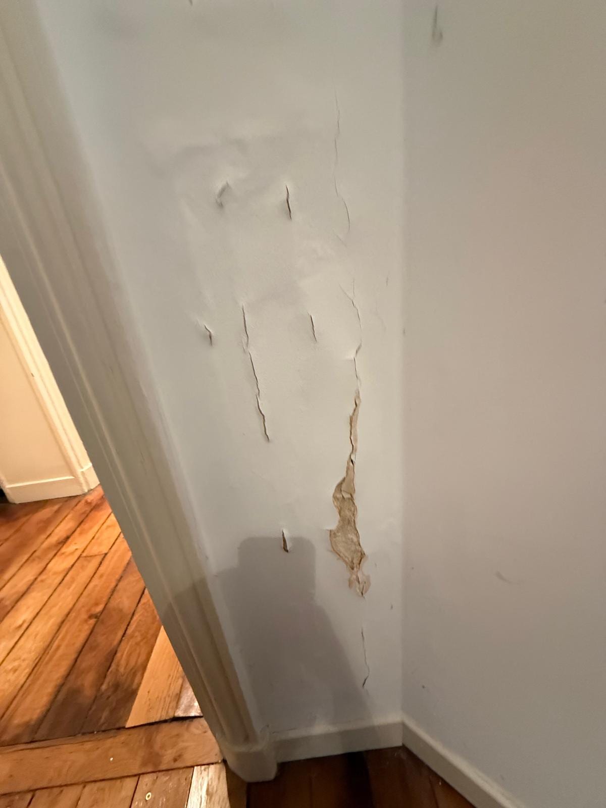 Réparation après un dégât des eaux à Paris 16 : cuisine, couloir et plafond de salle de bain — avant