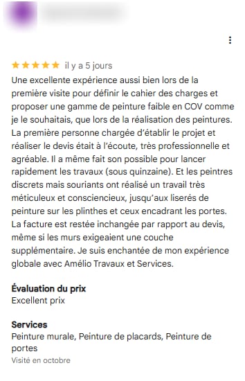Avis Google cinq étoiles laissé par la cliente de Boulogne-Billancourt, nom masqué